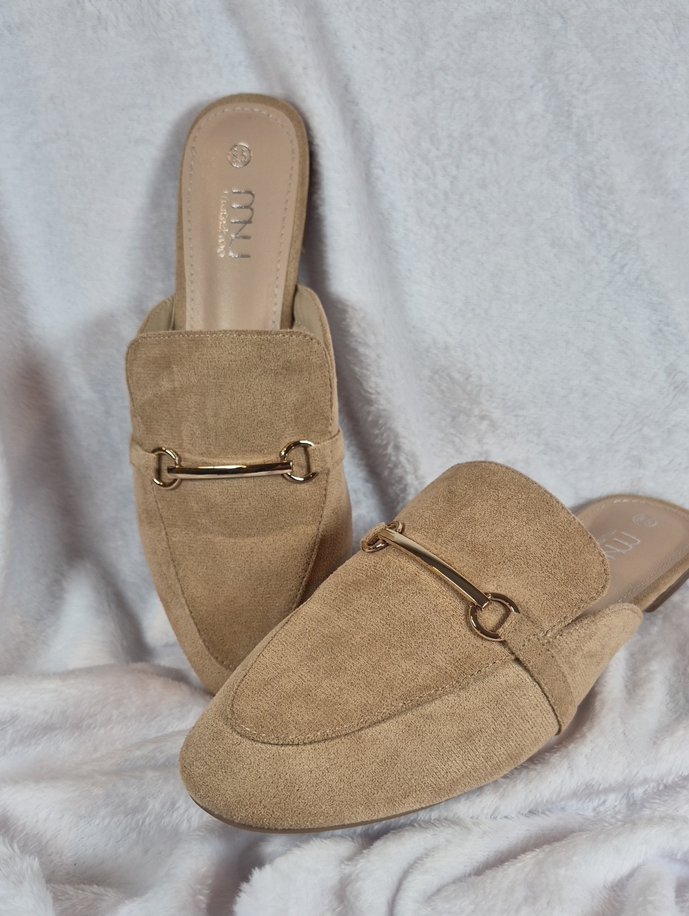 Musshoe Miu Tan Suede Backless Horsebit Mules